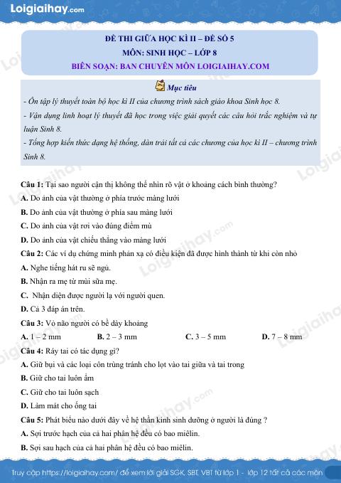 Đề kiểm tra giữa kì 2 Sinh 8 - Đề số 5 có lời giải chi tiết